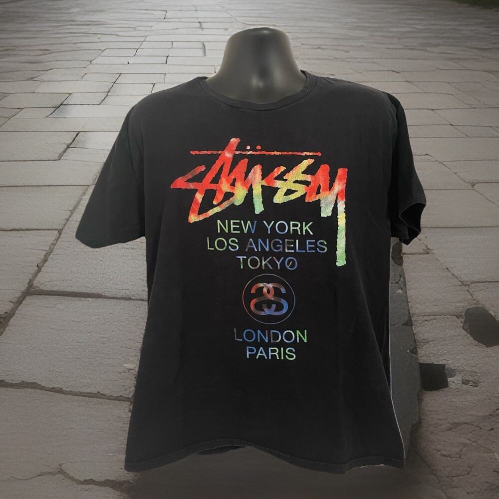 VTG Y2K Stussy Worldwide Multicolor Paint Pop Art Shirt NY LA London Paris Tokyo